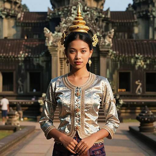 Photograph of a young Southeast Asian woman in a silver, intricately embroidered traditional blouse, adorned with a gold headpiece, standing in front of an