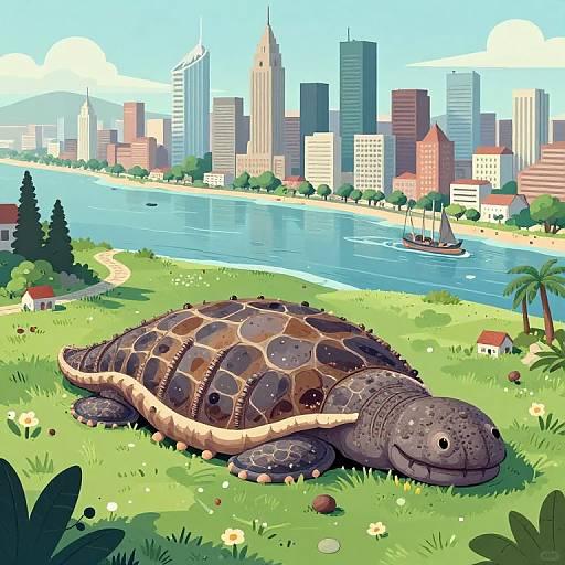 Giant Turtle-Like Creature Near City Coastline