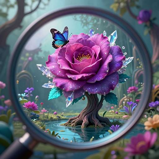 Digital art of a vibrant, purple rose with crystal-like petals, a blue butterfly, viewed through a magnifying glass, in a magical forest with colorful