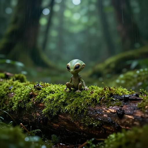 Photograph of a small, green, bug-eyed creature with a rounded head, sitting on a moss-covered log in a rain-filled, dark forest.