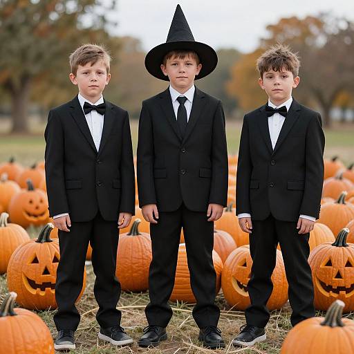 Photograph of three young boys in black suits and bow ties, with one in a witch hat, standing in front of carved pumpkins in a field