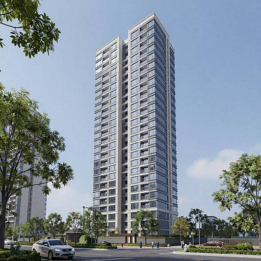 Modern Highrise Building with Trees and Cars