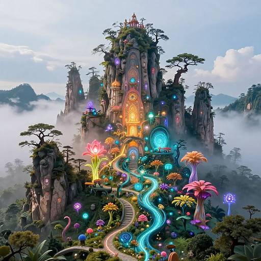 Fantastical digital artwork of a glowing, colorful, enchanted castle atop towering mountains, surrounded by vibrant flowers, glowing pathways, and ethereal lights.