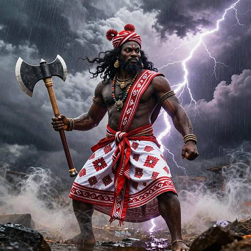 Photograph-style digital art: Muscular Black warrior with long black hair, red and white tribal attire, holding axe, standing in stormy, lightning