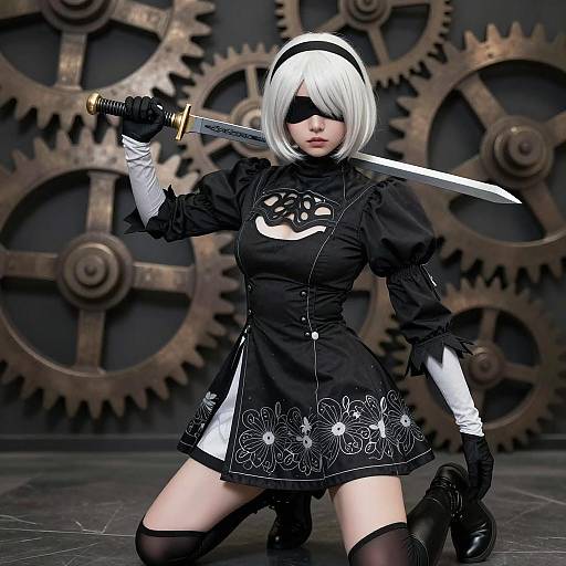 Female Cosplayer with Sword and Blindfold
