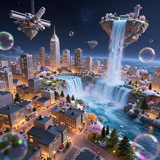 Futuristic CGI cityscape with glowing skyscrapers, floating islands, waterfalls, illuminated streets, pink cherry blossoms, bubbles, and hovering