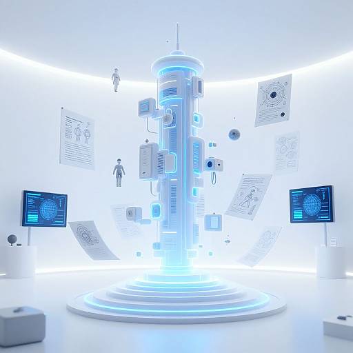 High-tech digital art installation with glowing blue central column, floating diagrams, and screens displaying intricate patterns in a brightly lit white room. Modern, futuristic aesthetic