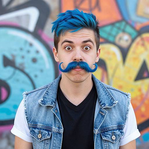 Photograph of a young man with bright blue hair and mustache, wearing a denim vest over a black shirt, standing against a colorful graffiti wall.