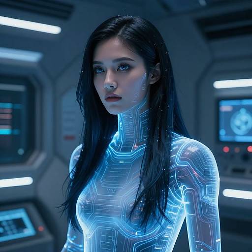 Blue Holographic Female on Spaceship