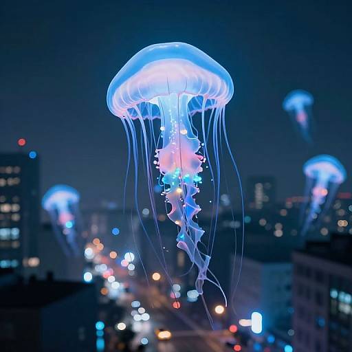 Photograph of glowing blue and pink jellyfish floating above a cityscape at night, with blurred city lights and buildings in the background.