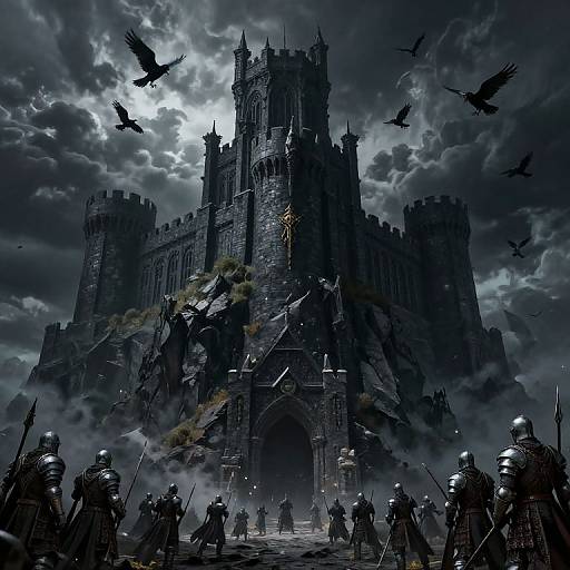 Digital fantasy artwork of a dark, gothic castle under stormy skies, surrounded by armored knights with swords, and flying black birds.