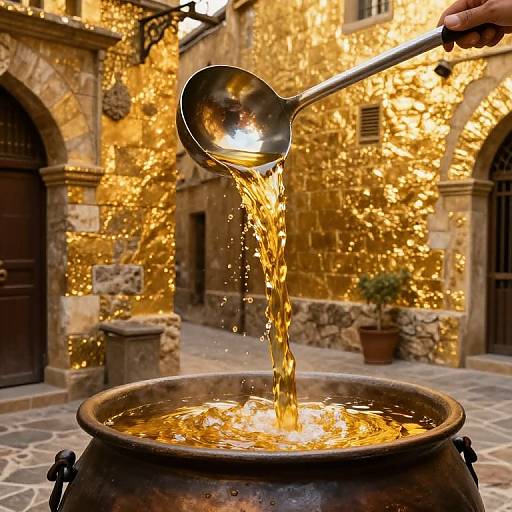Photograph of golden liquid splashing from a metal spoon into a bronze cauldron in a sunlit, rustic stone courtyard.