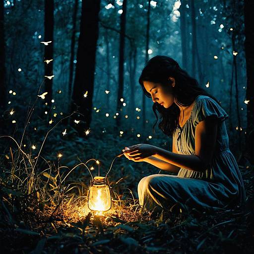 Woman Surrounded by Fireflies in Forest at Night