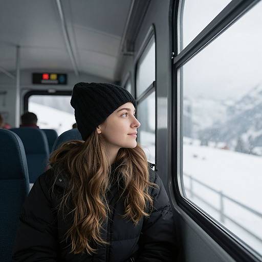 Photograph of a young woman with long brown hair and black beanie, gazing out bus window, wearing a black puffer jacket, winter scenery