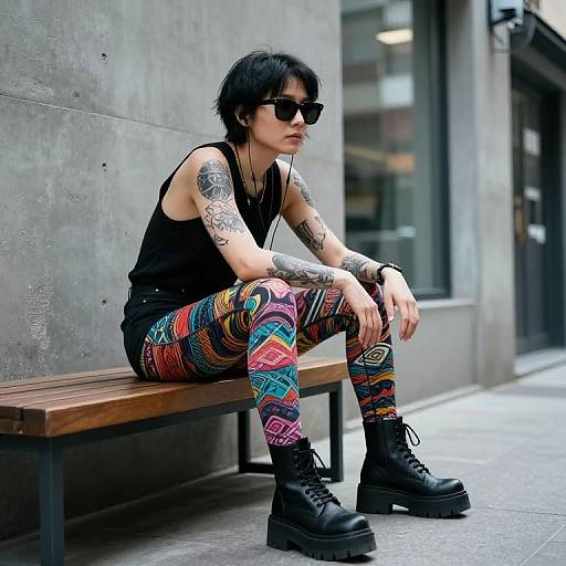 Photograph of a tattooed, black-haired man in sunglasses, black tank top, colorful patterned leggings, black boots, sitting on a wooden bench