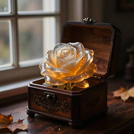 Photograph of a glowing, crystal rose in an ornate wooden box on a dark wooden table, with sunlight filtering through a window.