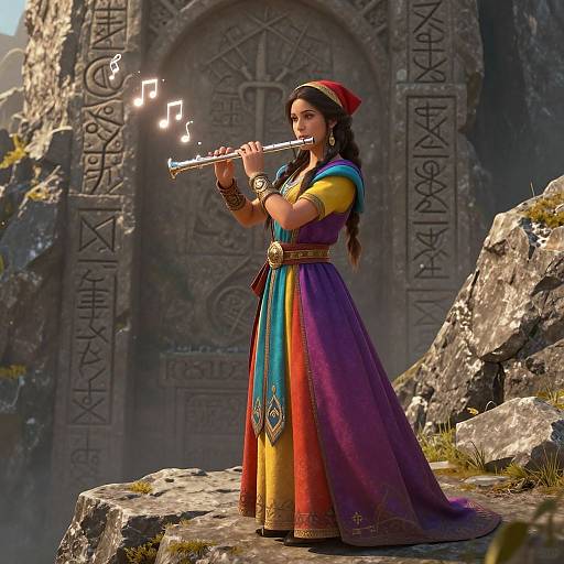 Digital art of a young woman with long brown hair, wearing a colorful dress and red headscarf, playing a flute with musical notes, standing before