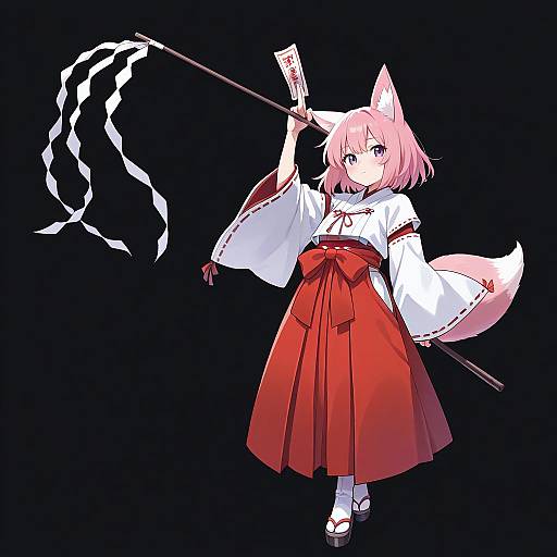 Anime-style digital drawing of a pink-haired fox girl in a white kimono and red hakama, holding a shimenawa with white ribbons,