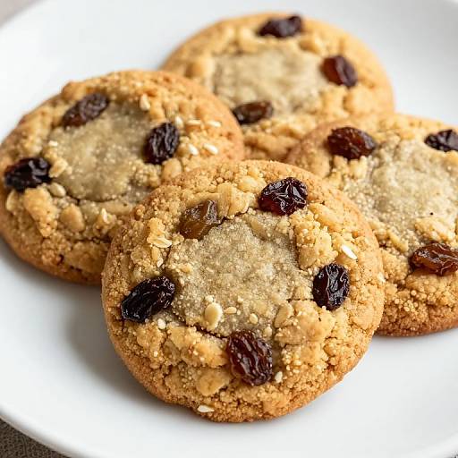 Photograph of three golden-brown oatmeal chocolate chip cookies with dark raisins, slightly crumbly texture, on a white plate.