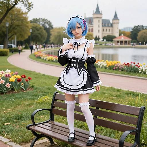 Photograph of a blue-haired anime girl in black and white maid outfit, standing on a park bench, with castle in background.