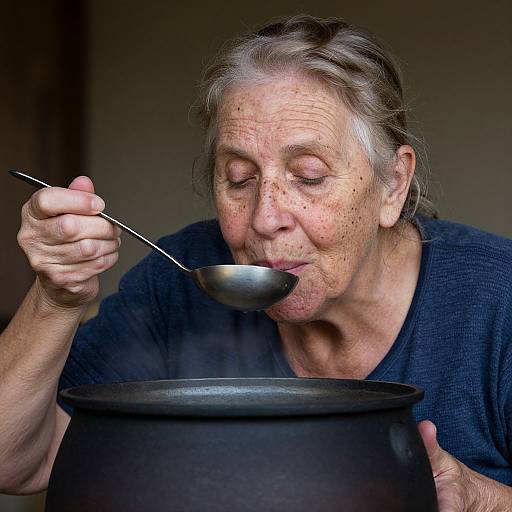 Elderly Woman Tasting Cauldron Soup