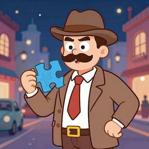Cartoon detective with brown hat, mustache, brown suit, red tie, holding blue puzzle piece, standing on street at night.
