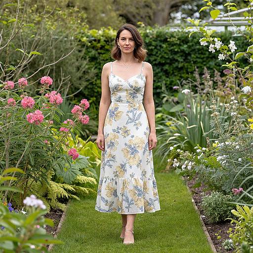 Photograph of a woman with medium-length brown hair in a white floral dress, standing in a vibrant garden path with pink and white flowers.