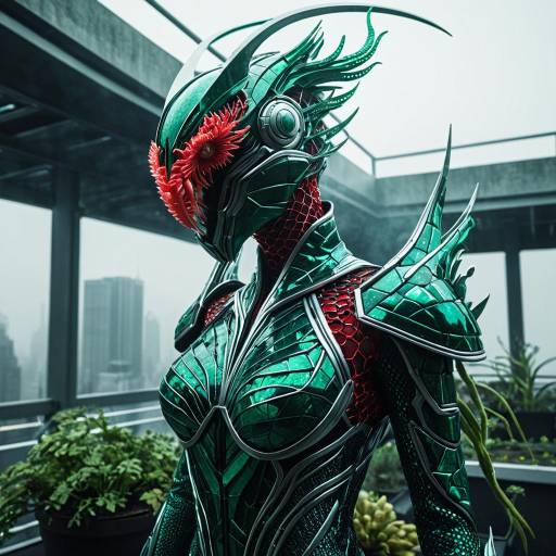 Neo-Dragon Humanoid in Futuristic Rooftop Garden