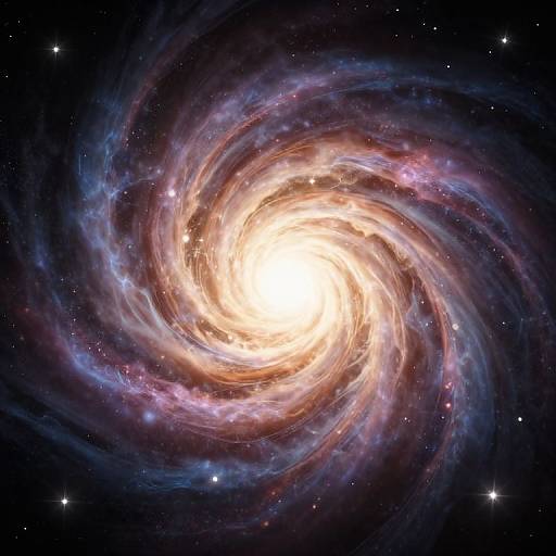 Photograph of a vibrant, swirling spiral galaxy with a bright, glowing core, surrounded by colorful, nebulous arms and dotted with stars against a dark