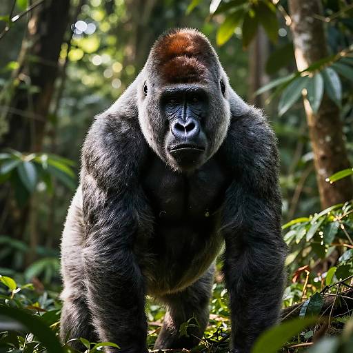 Photograph of a muscular silverback gorilla with dark fur and a reddish-brown crest, staring directly at the camera in a sunlit,