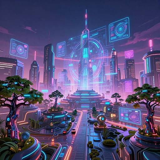 Neon-lit futuristic cityscape with glowing skyscrapers, holographic screens, and illuminated trees on a busy, curved road at night. Digital