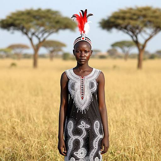 Photograph of a young African woman with dark skin, wearing a black patterned dress and red feathered headband, standing in a golden savanna
