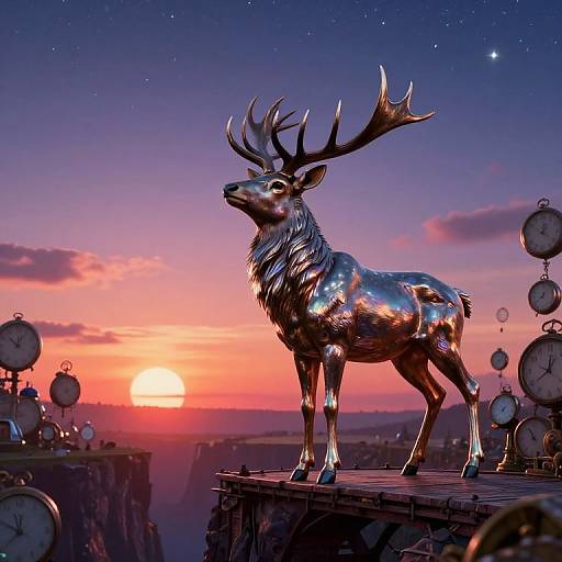 Digital artwork: Shiny, metallic deer with large antlers stands on a cliff at sunset, surrounded by floating clocks, under a starry sky.