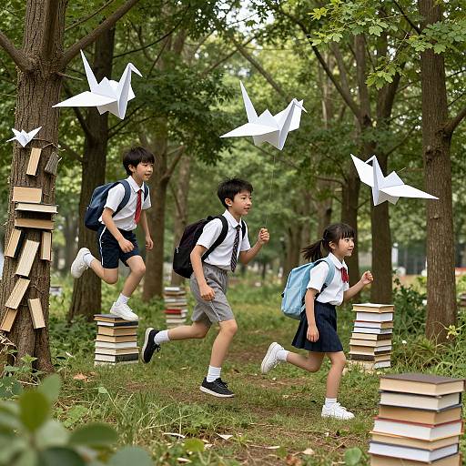 Photograph of Asian schoolchildren running through a forest, surrounded by flying paper airplanes, books stacked on the ground, and trees.