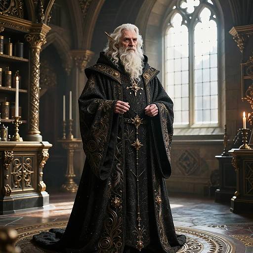Photorealistic digital artwork of an elderly, white-bearded wizard in ornate black robes, standing in a dimly lit, Gothic cathedral with ar