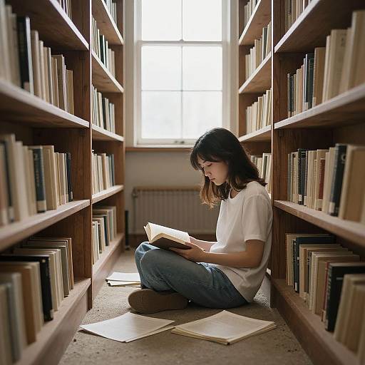 Photograph of a young woman with shoulder-length brown hair, wearing a white t-shirt and blue jeans, sitting cross-legged on a library floor, reading