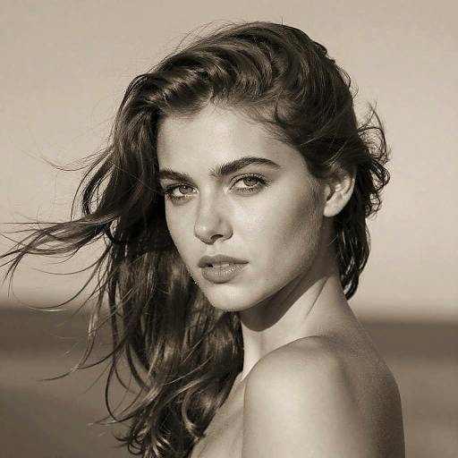 Black-and-white photograph of a pouty, topless young woman with long, windswept dark hair, striking eyes, and a neutral expression