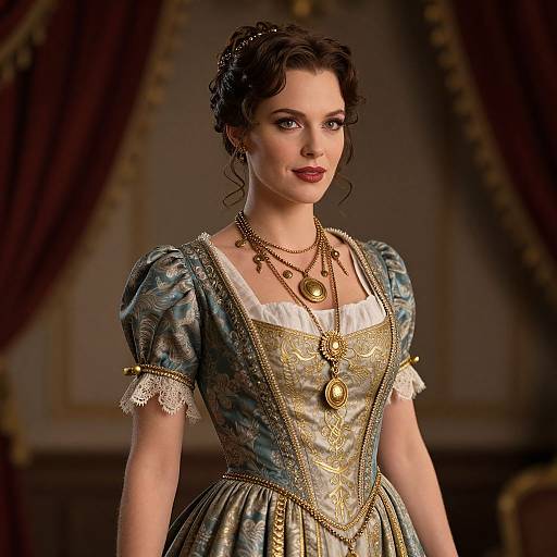 Photorealistic digital portrait of a fair-skinned woman with dark curly hair, wearing an ornate 18th-century blue and gold dress, adorned