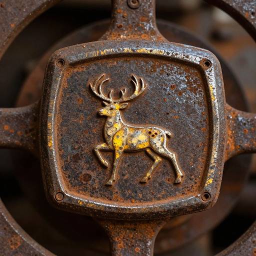 Close-up photograph of a rusted metal button with a golden, embossed reindeer silhouette, featuring prominent antlers, set against an industrial, weather