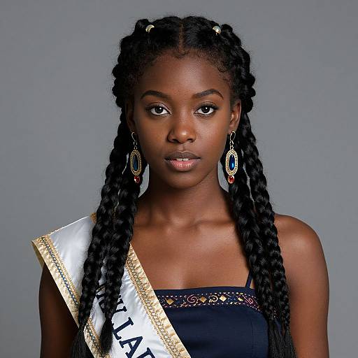 Photograph of a young Black woman with dark skin, long braided hair, wearing a black strapless dress, gold earrings, and a 