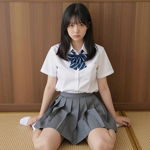Asian Schoolgirl Sitting on Tatami Mat