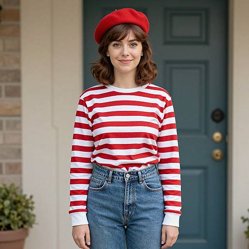 Photograph of a smiling white woman with brown wavy hair, wearing a red beret, red-and-white striped shirt, and blue jeans, standing