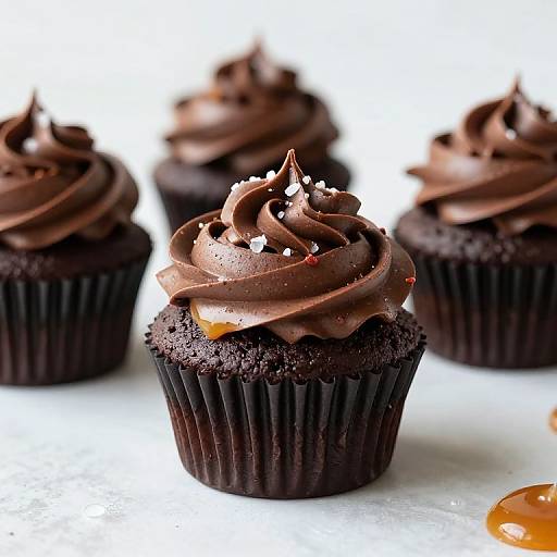 Photograph of five chocolate cupcakes with swirled dark chocolate frosting, topped with small white sugar crystals, on a white background.