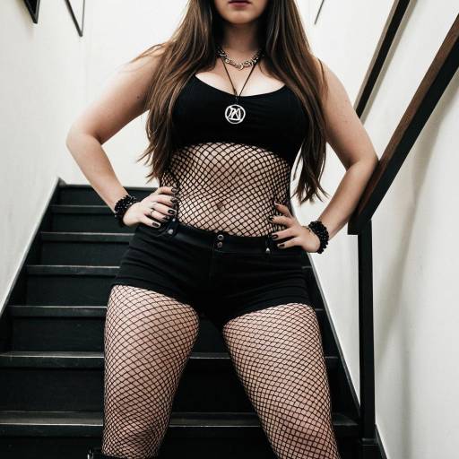 Woman in Black Fishnet Outfit on Stairs