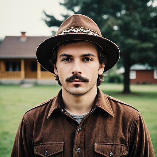 Young Man in Traditional Brown Outfit and Hat Outdoors