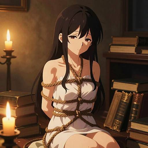 Anime-style digital illustration of a black-haired woman bound in rope, wearing a white dress, sitting in a dimly lit library with candles and books.