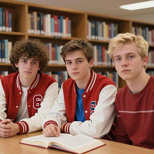 Focused Young Men in Library Setting