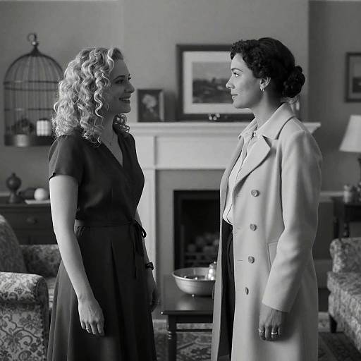 Black and White Portrait of Two Women in Living Room