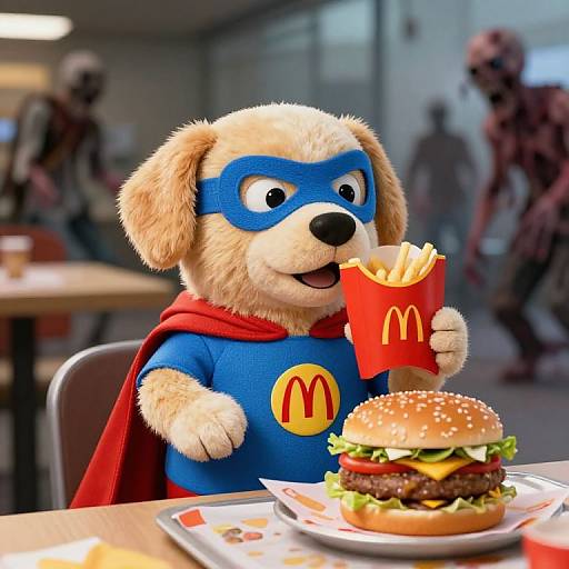 Photorealistic CGI of a fluffy golden puppy dressed as Superman, eating McDonald's fries and a burger in a blurred fast-food restaurant.