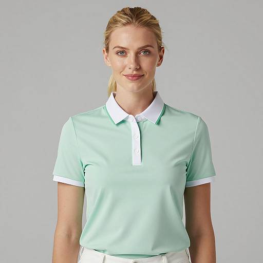 Blonde Woman in Light Green Polo Shirt